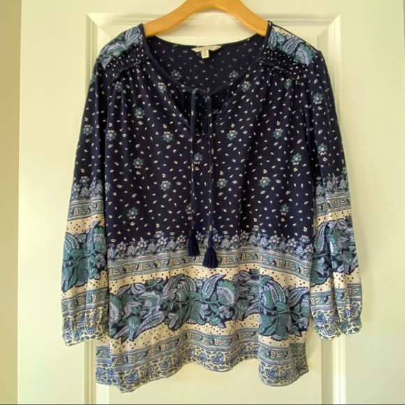 Lucky Brand Boho Peasant Blouse w Ruched Trim, Tassels & String Ties - Picture 1 of 10